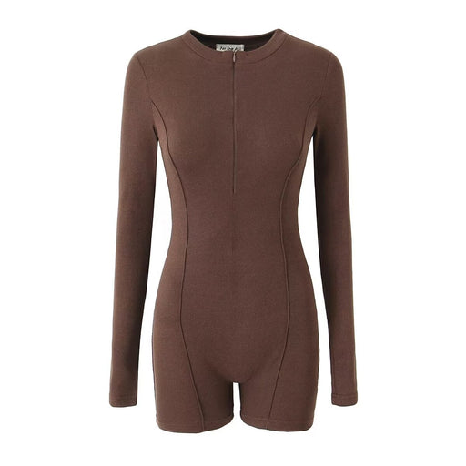 Spring Zipped Round Neck Stretch Long Sleeve Knitted Solid Color Slim Fit Bodysuit Shorts-Coffee-Fancey Boutique