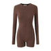 Spring Zipped Round Neck Stretch Long Sleeve Knitted Solid Color Slim Fit Bodysuit Shorts-Coffee-Fancey Boutique