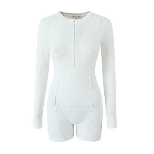 Spring Zipped Round Neck Stretch Long Sleeve Knitted Solid Color Slim Fit Bodysuit Shorts-White-Fancey Boutique