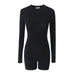 Spring Zipped Round Neck Stretch Long Sleeve Knitted Solid Color Slim Fit Bodysuit Shorts-Black-Fancey Boutique