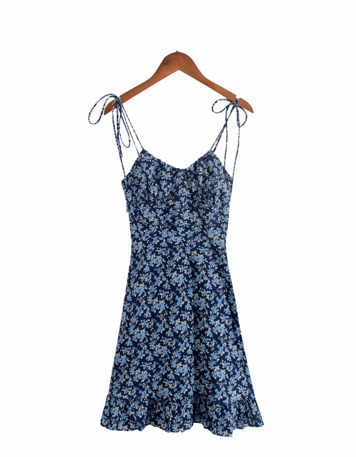 French Retro V neck Strap Floral Dress Summer Slim High Waist Seaside Beach Vacation Dress-Blue-Fancey Boutique