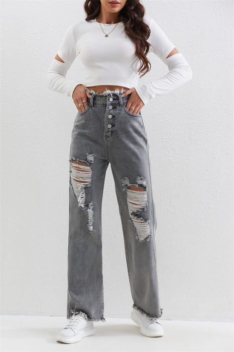 Women Clothing Gray Washed Ripped Straight Jeans Womenjeans-Fancey Boutique