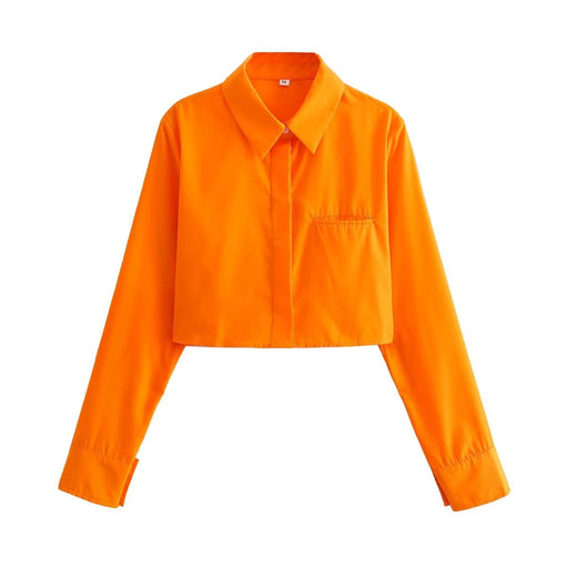 Color-Orange-Spring Women Street Pocket Decoration Short Shirt-Fancey Boutique