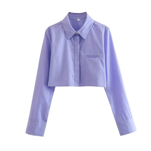 Color-Purple-Spring Women Street Pocket Decoration Short Shirt-Fancey Boutique