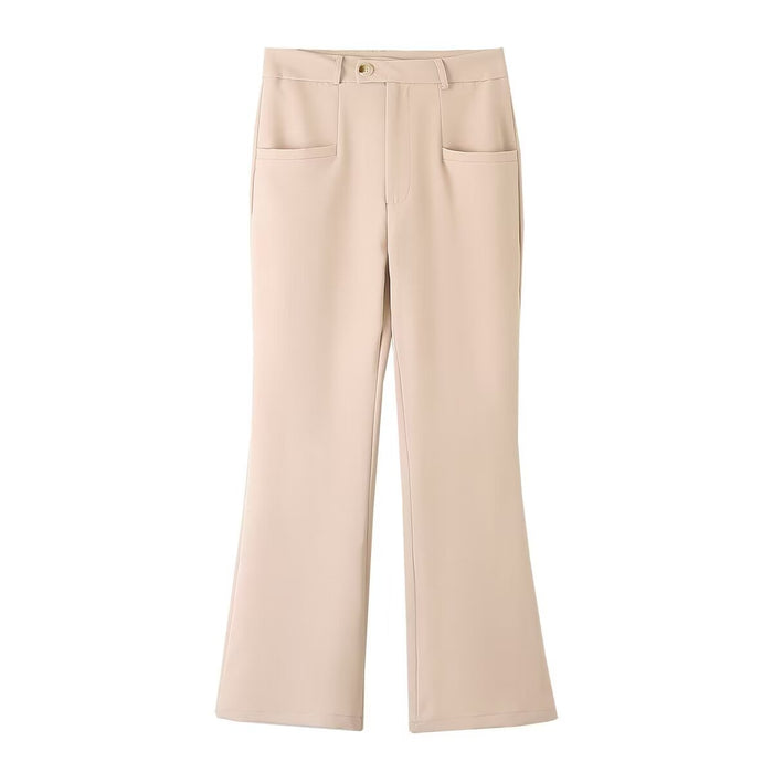 Color-Cream-Autumn Women Clothing High Waist Slimming Double Pocket Solid Color Flared Casual Trousers-Fancey Boutique