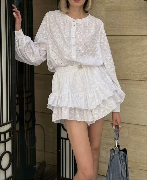 Women Clothing French Slim Fit Buttoned Accessories Lace Long Sleeve Shirt Shorts Suit-Fancey Boutique