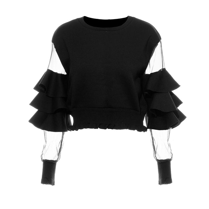 Color-Black-Air Layer Stitching Mesh See Through Ruffled Thread Cuff Hem Short Sweater Women-Fancey Boutique