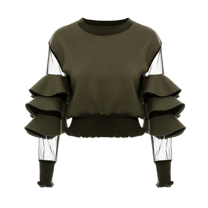 Color-Green-Air Layer Stitching Mesh See Through Ruffled Thread Cuff Hem Short Sweater Women-Fancey Boutique