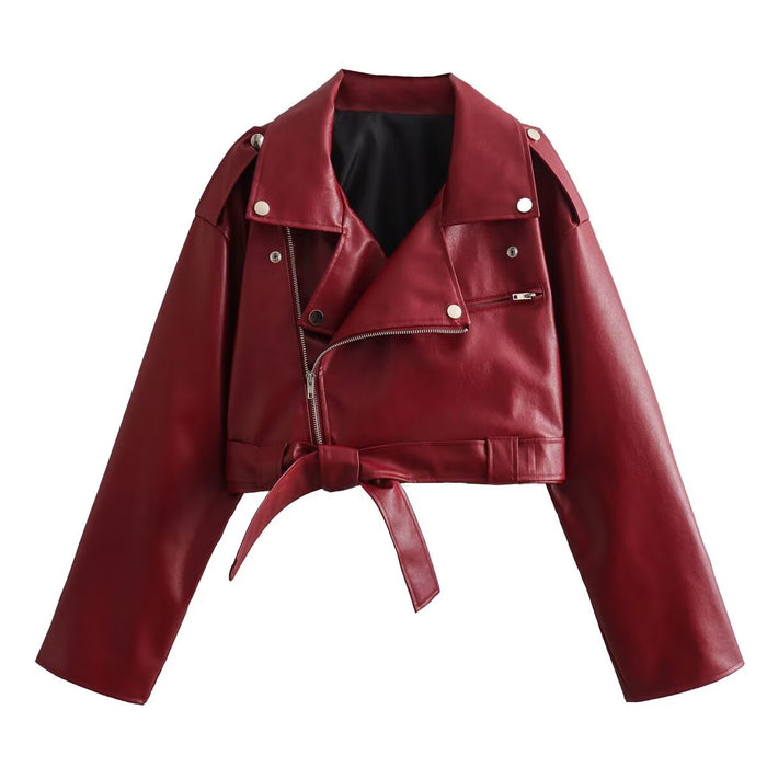 Women Clothing Early Spring Faux Leather Motorcycle Leather Short Jacket Jacket-Burgundy-Fancey Boutique