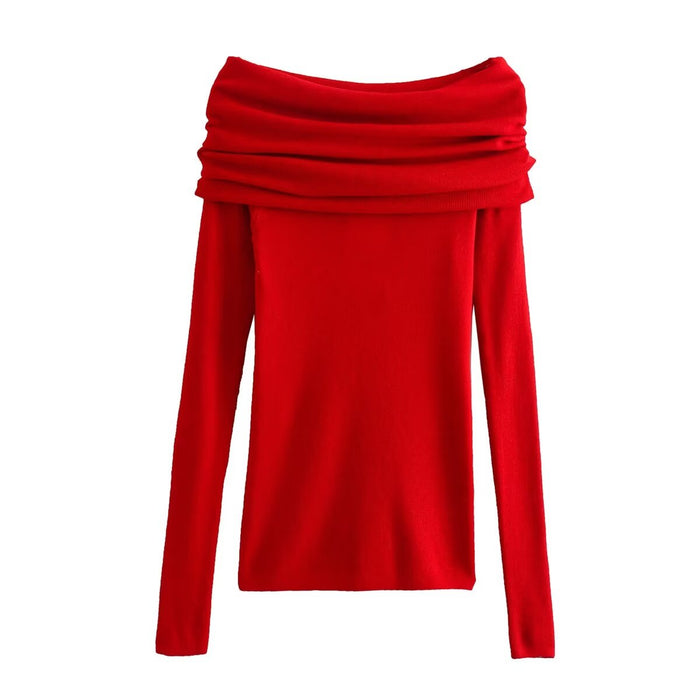 Color-Red-Sexy Sexy Slim Fit Off Shoulder Off Shoulder Long Sleeve Sweater Women Inner Pullover Sweater Spring-Fancey Boutique