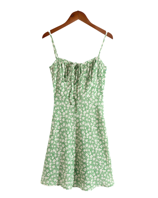 French Pastoral Fresh Vacation Printed Dress Spring High Waist Tight Waist Slip Dress-Green Shivering-Fancey Boutique