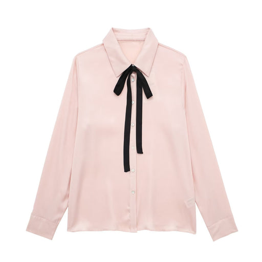 Color-Pink-Bow Tie Neck Long Sleeve Shirt for Women Summer Korean Sweet Spicy Loose Lapels Slimming Shirt-Fancey Boutique