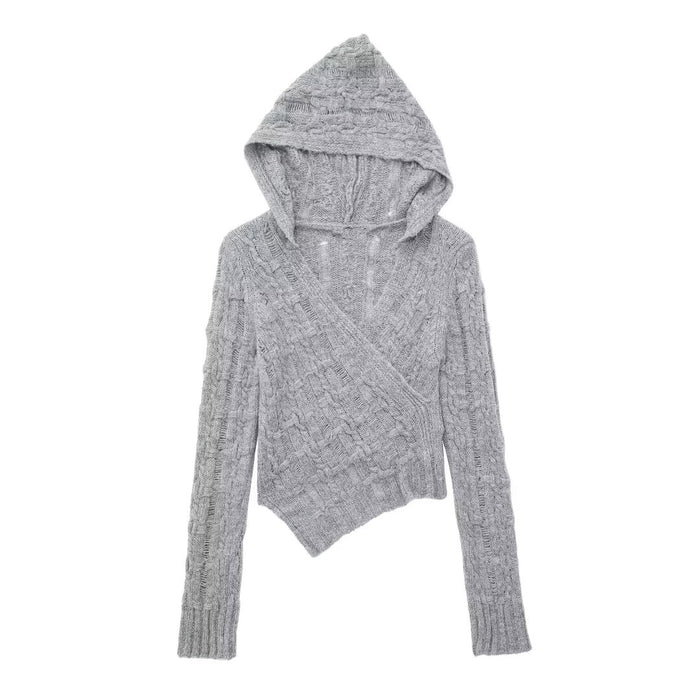 Women Clothing Sexy Slim V neck Hooded Asymmetric Sweater Women Design Sweater-Gray-Fancey Boutique