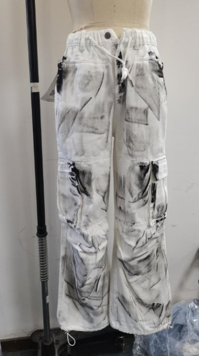 Color-White-【MOQ-5 packs】 Women Casual Graffiti Wide Leg Pants-Fancey Boutique
