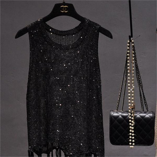 Color-Black-【MOQ-5 packs】 Hollow Out Cutout Sexy Summer Sequined Small Sling Vest Sleeveless round Neck Tassel Outer Wear Knitted Top for Women-Fancey Boutique