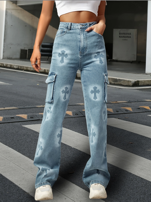 Women Print Retro Straight All match Trendy Brand Street Fried Cropped Jeans-Fancey Boutique