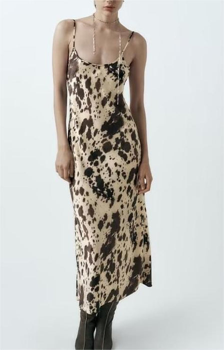 Winter Women Clothing Animal Pattern Printed Silk Satin Textured Dress