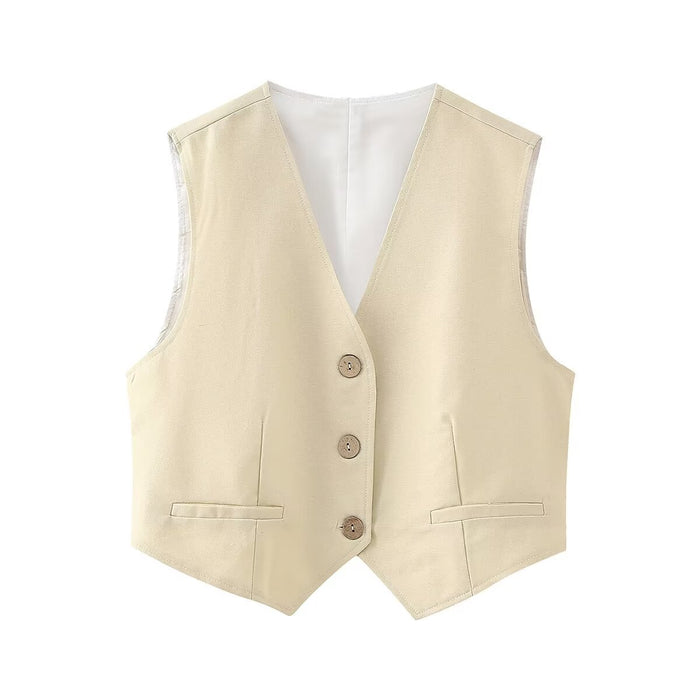 Color-Beige Vest-Women Clothing French Cotton Linen Two Piece Suit Slim Fit Sleeveless Waistcoat Vest High Waist Casual Shorts-Fancey Boutique