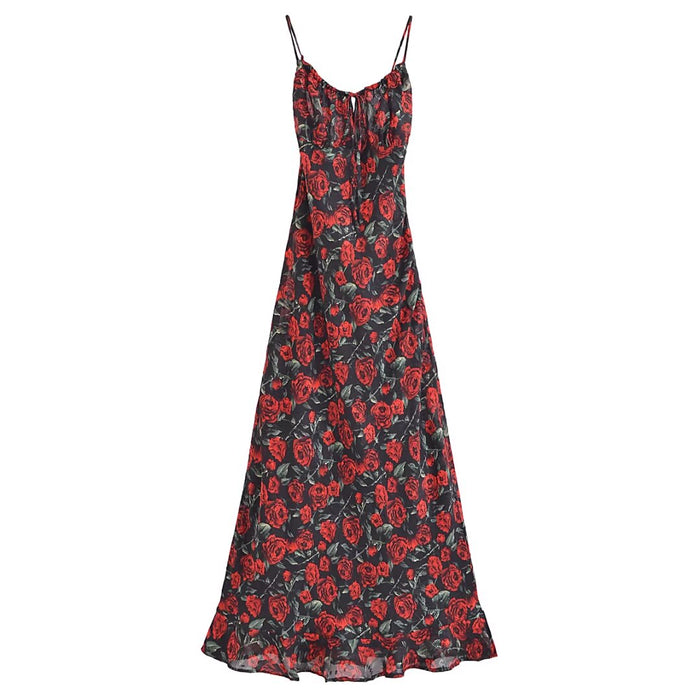 Color-Black-Women Rose Jacquard Printed Slim Waist Fishtail Cami Dress-Fancey Boutique