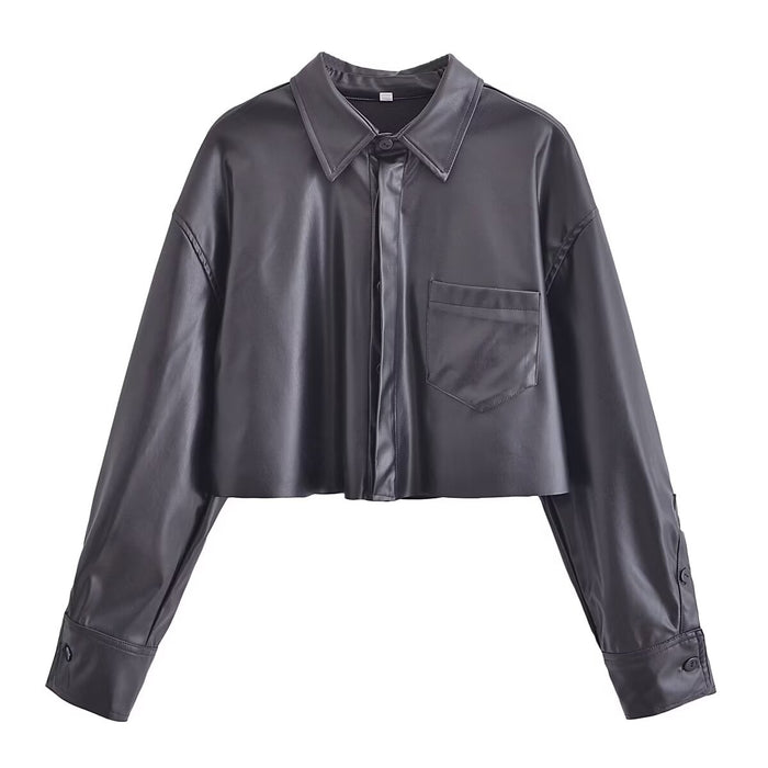 Color-Black-Winter Women Clothing Casual Faux Leather Long Sleeve Shirt-Fancey Boutique