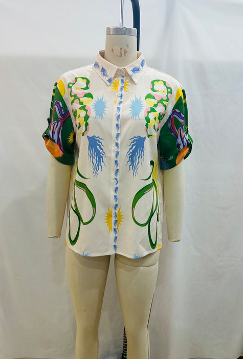 Color-Green-Summer Women Clothing Office Printing Casual Shirt-Fancey Boutique