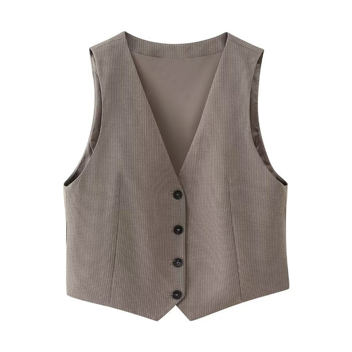 Color-Brown Vest-Women Clothing French Ptripe Suit Vest Trousers Suit-Fancey Boutique