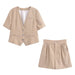 Color-Khaki-Spring Horse V Neck Single Breasted Top High Waist Shorts Suit-Fancey Boutique