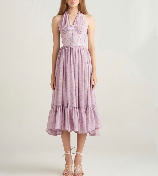 Spring Summer Blogger French Girl Purple Floral Halter Dress-Fancey Boutique