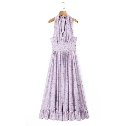 Spring Summer Blogger French Girl Purple Floral Halter Dress-Fancey Boutique
