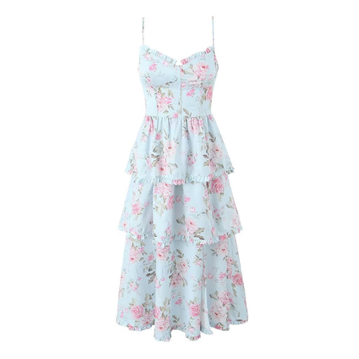 Summer Sexy Vacation Slip Dress Chiffon Floral Print Back Rope Side Slit Dress-Light Blue-Fancey Boutique