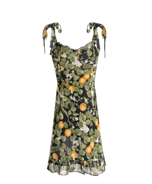 Seaside Vacation Sling Dress Women French Retro V neck Wooden Ear Slim Fit Lemon Printing Mini Dress-Fancey Boutique