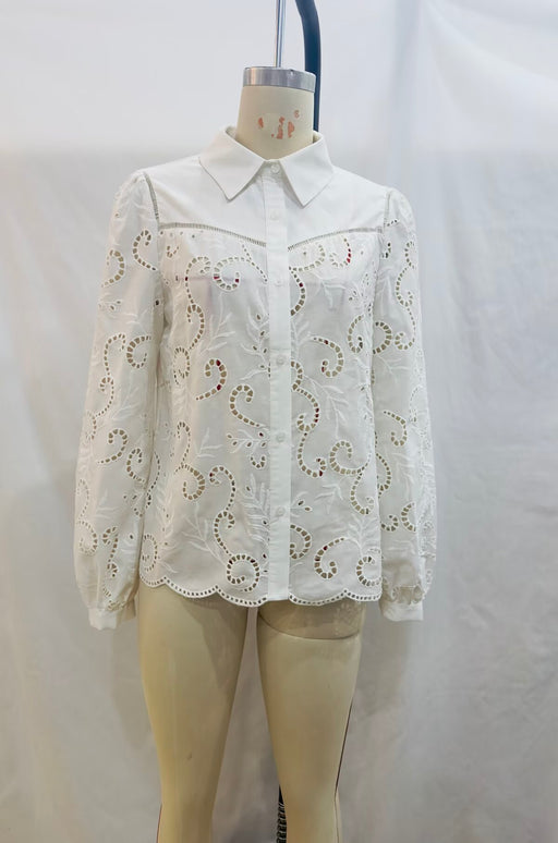 Color-White-Summer Women White Crochet Long Sleeve Collared Shirt-Fancey Boutique