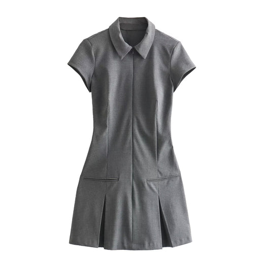 Color-Gray-Women Clothing Slimming Gray Cinched Slimming Short Sleeves Dress Women High Sense Pleated Dress-Fancey Boutique