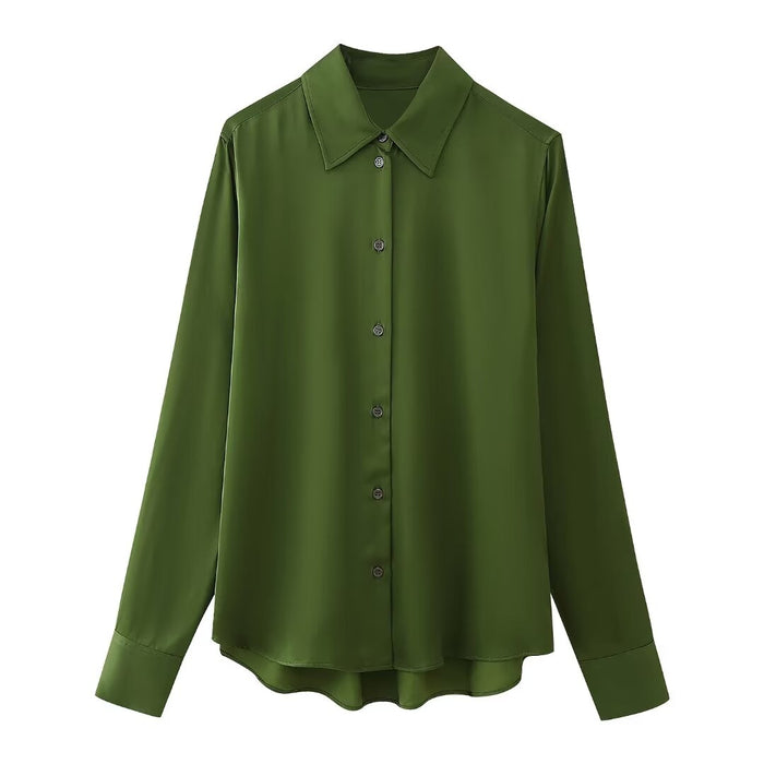 Winter Women Clothing Casual All Match Silk Satin Textured Shirt-Green-Fancey Boutique