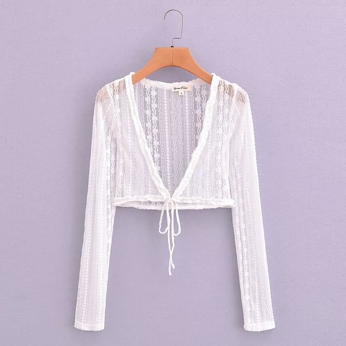 Color-White-Spring Summer Sexy Transparent Stretch Lace Coat Chic Sexy Deep V Plunge Ultra Short Top-Fancey Boutique