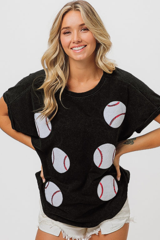 Color-Black-Spring Summer Baseball Game Sequined T shirt Women Sequin Short Sleeve Outerwear Top-Fancey Boutique