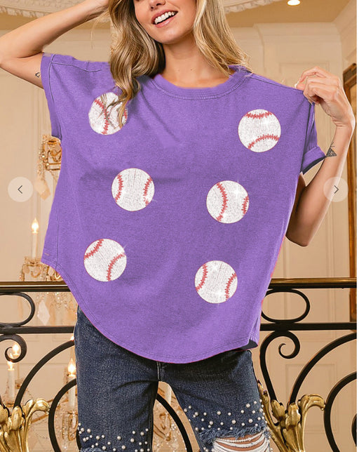 Color-Purple-Spring Summer Baseball Game Sequined T shirt Women Sequin Short Sleeve Outerwear Top-Fancey Boutique
