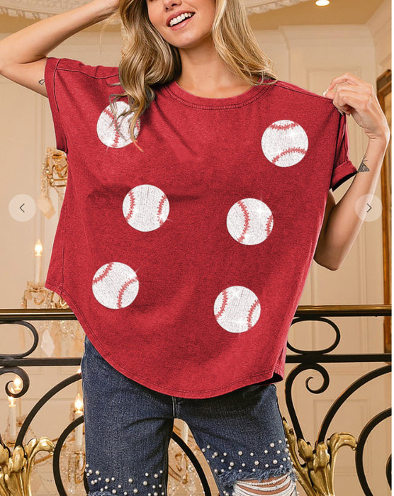 Color-Red-Spring Summer Baseball Game Sequined T shirt Women Sequin Short Sleeve Outerwear Top-Fancey Boutique