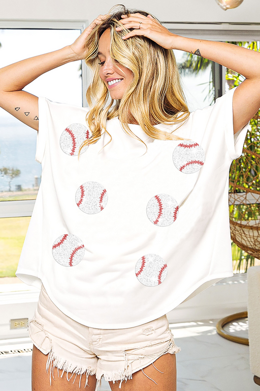 Color-White-Spring Summer Baseball Game Sequined T shirt Women Sequin Short Sleeve Outerwear Top-Fancey Boutique