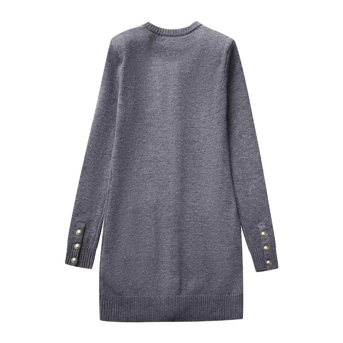 Women Multi Pocket Slimming Long Sleeved Knitted Dress