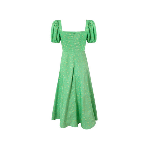 French Retro Square Collar Lace up Puff Sleeve Floral Dress Summer High Waist Slim Fit Slit Maxi Dress-Green-Fancey Boutique