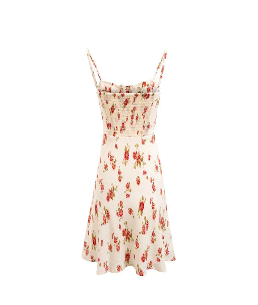 Early Spring French Vintage Girlish Fresh Slim Fit Floral Pattern over Beige Background Strap Dress-Fancey Boutique