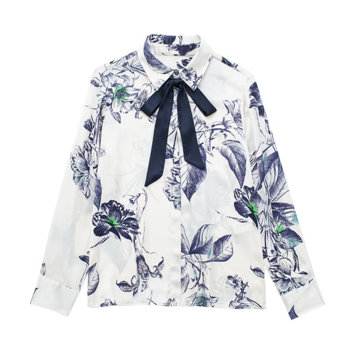 Spring Bowknot Decoration Printing Collared Casual Shirt-White-Fancey Boutique