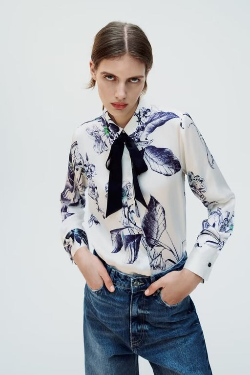 Spring Bowknot Decoration Printing Collared Casual Shirt-Fancey Boutique