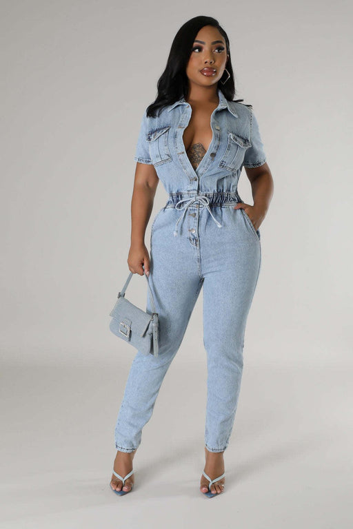 Color-Blue-Elastic Waist Slim Elastic Feet Fried Floral Wash Denim Jumpsuit Jumpsuit-Fancey Boutique