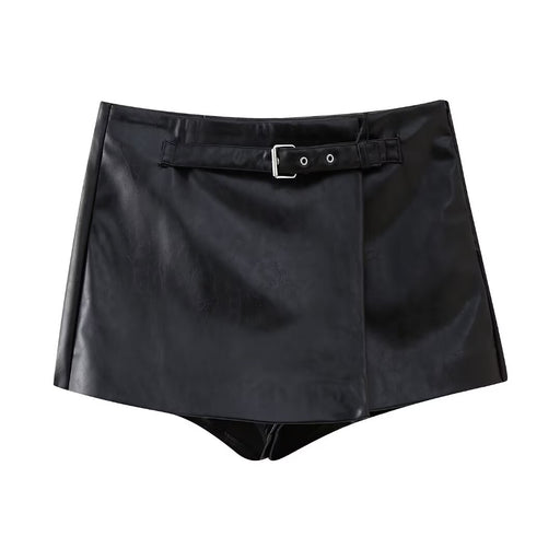 Color-Black-Sexy Faux Leather Shorts Women Autumn Winter V Shaped High Waist All Matching Wide Leg Pants Slim Hip Wrapped Sexy Super Short Shorts-Fancey Boutique