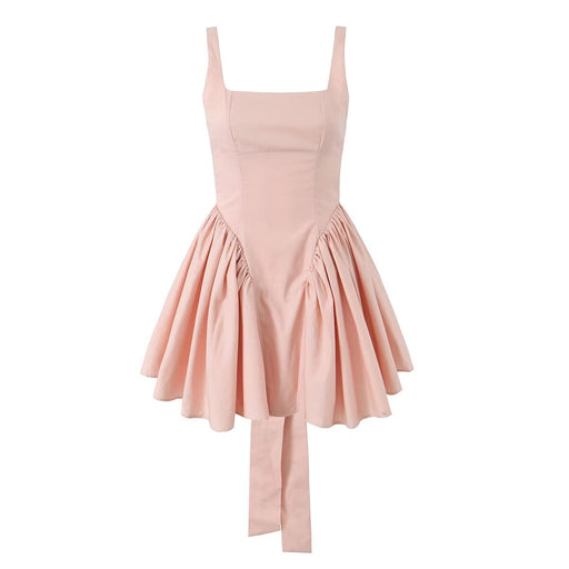 French Sweet Solid Color Bow Decoration Dress Autumn High Waist Short Hem Crumpled A Line Slip Dress-Pink-Fancey Boutique