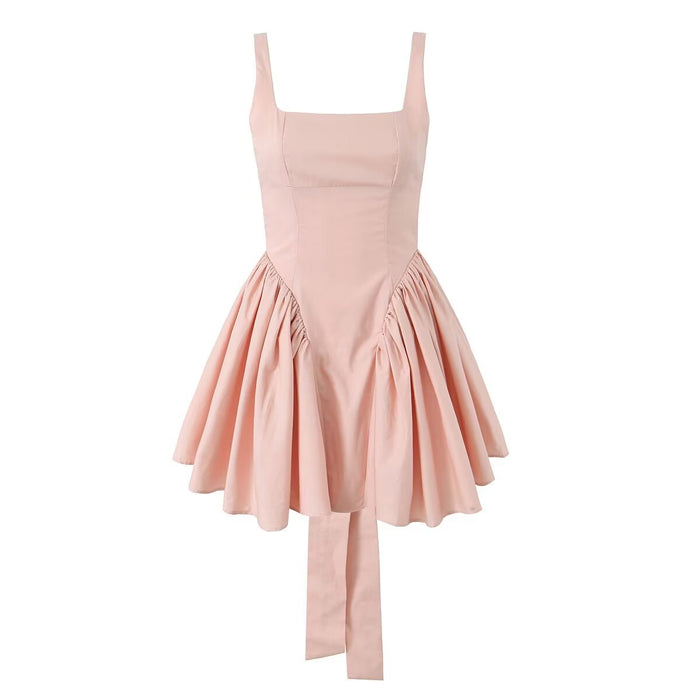 French Sweet Solid Color Bow Decoration Dress Autumn High Waist Short Hem Crumpled A Line Slip Dress-Pink-Fancey Boutique