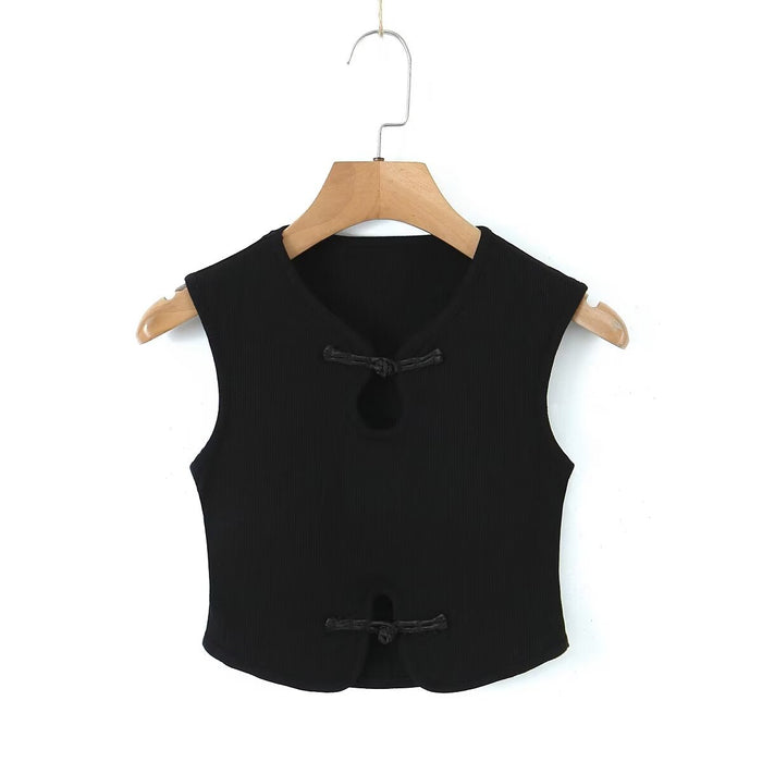 Autumn National Sexy Retro Buckle Casual Top Sexy Short Sleeveless Vest-Black-Fancey Boutique