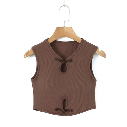 Autumn National Sexy Retro Buckle Casual Top Sexy Short Sleeveless Vest-Coffee-Fancey Boutique